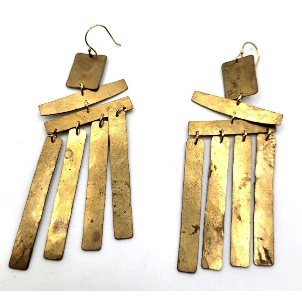 Artisan Brass Bohemian Fringe Geometric Earrings 3in - Picture 4 of 5